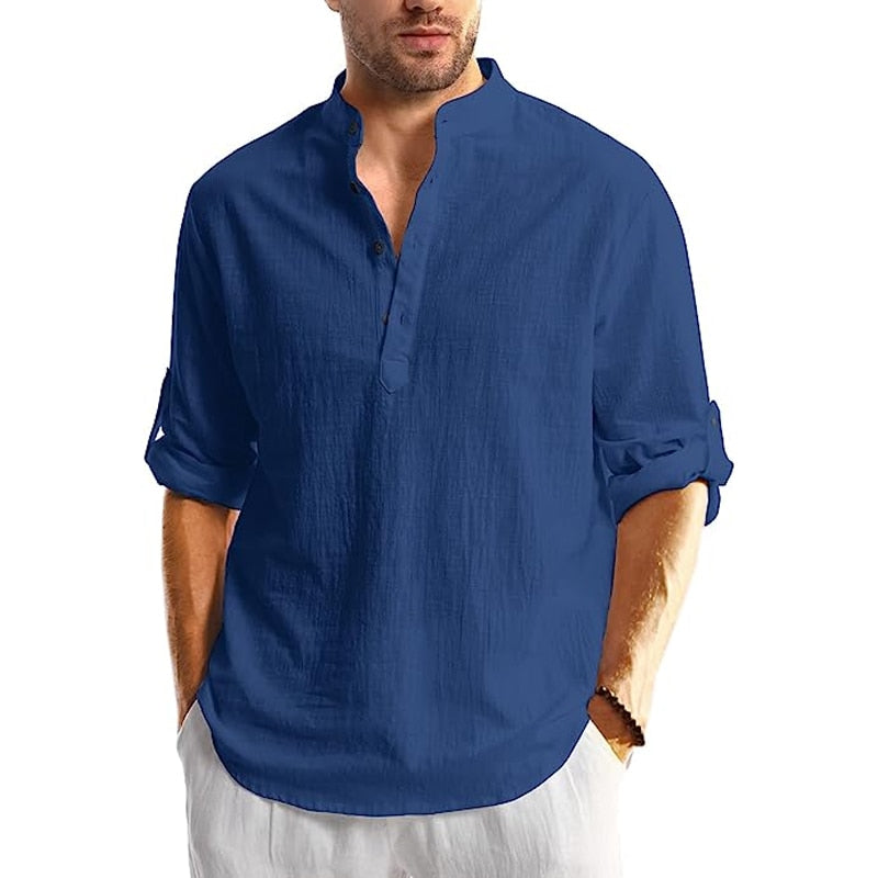 Camisa Masculina de Linho Manga Comprida Casual - Azul escura - Vilumagazine