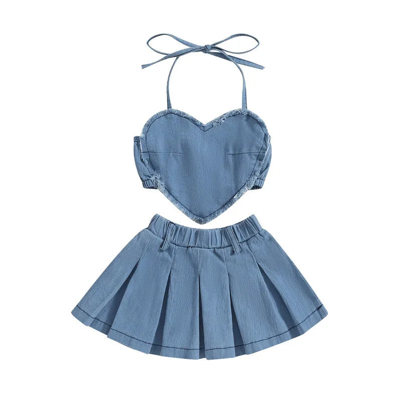 Conjunto Jeans Infantil Top Coração e Saia Plissada Azul - Vilumagazine