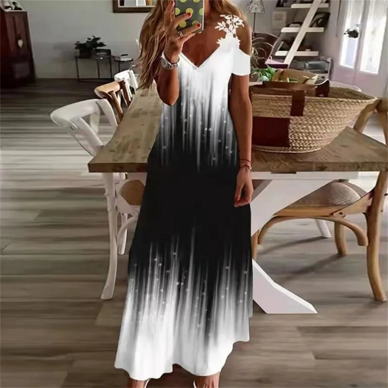 Vestido Verão Decote V Branco e Preto - Vilumagazine