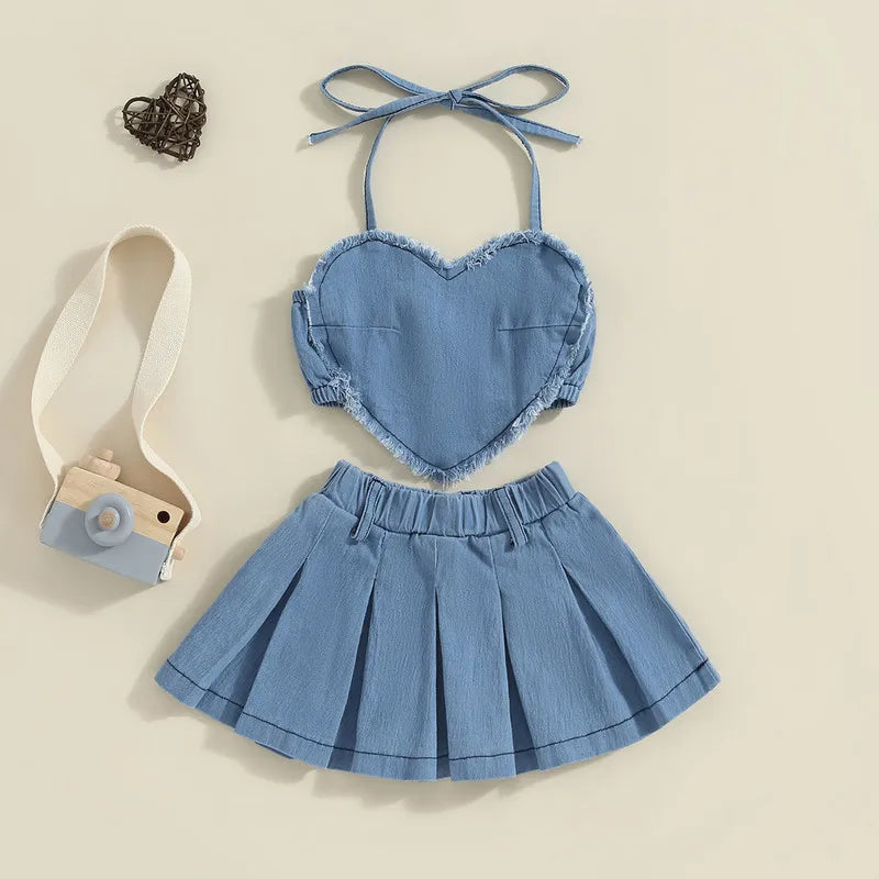 Conjunto Jeans Infantil Top Coração e Saia Plissada Azul - Vilumagazine