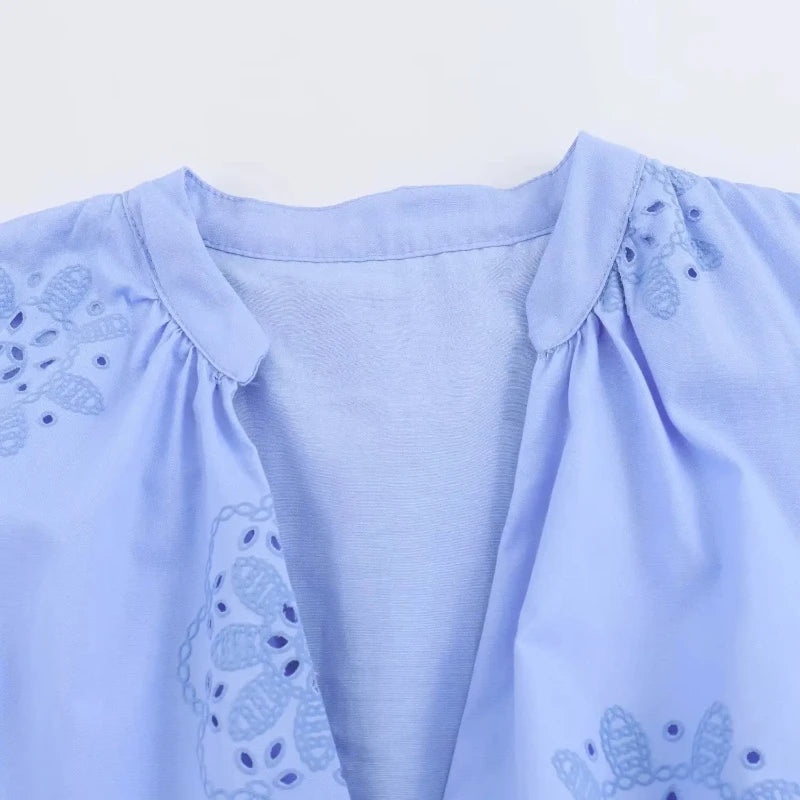 Vestido Camisa Com Cinto e Bordado Azul - Vilumagazine