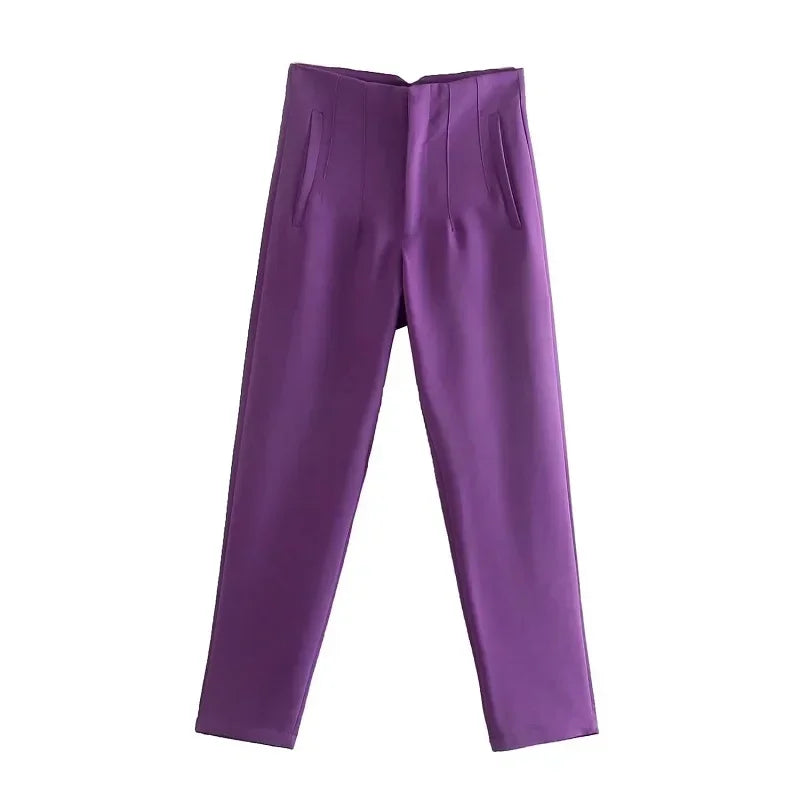 Calça Reta de Cintura Alta para Mulheres Roxo - Vilumagazine