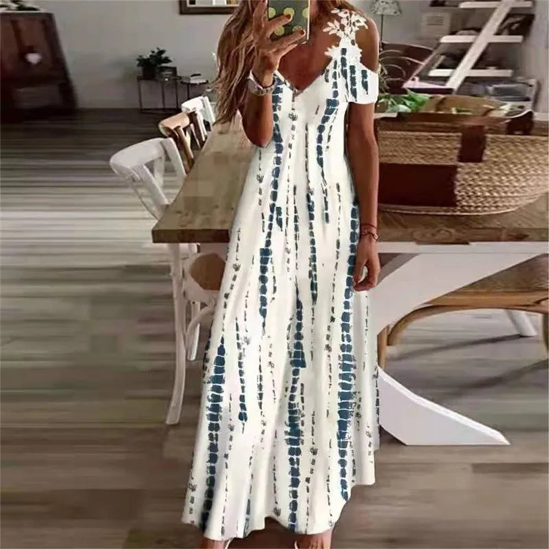 Vestido Verão Decote V Branco Azul - Vilumagazine