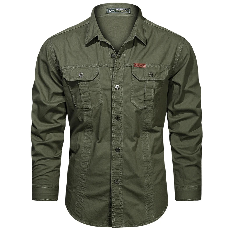 Camisa Cargo Masculina de Manga Longa de Algodão Casual Verde Exercito - Vilumagazine