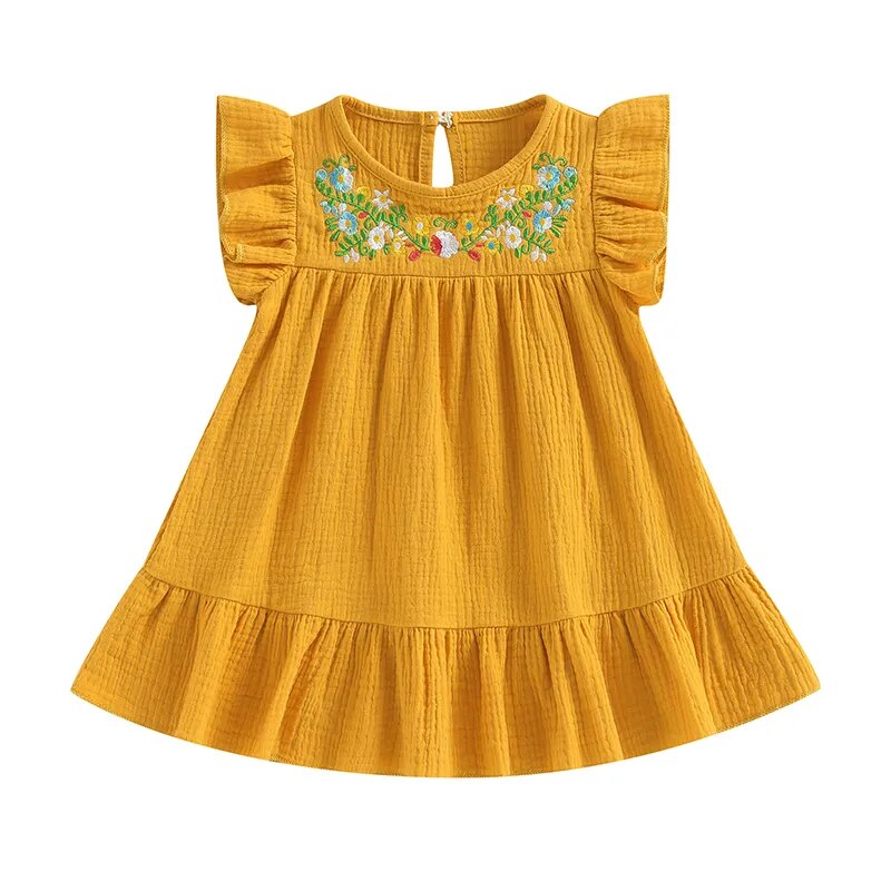 Vestido infantil de Algodão e Linho Plissado Amarelo - Vilumagazine