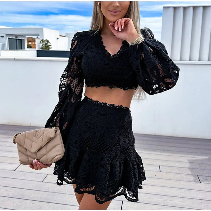 Conjunto de Verão Elegância em Renda com Top e Saia Mini Preto - Vilumagazine