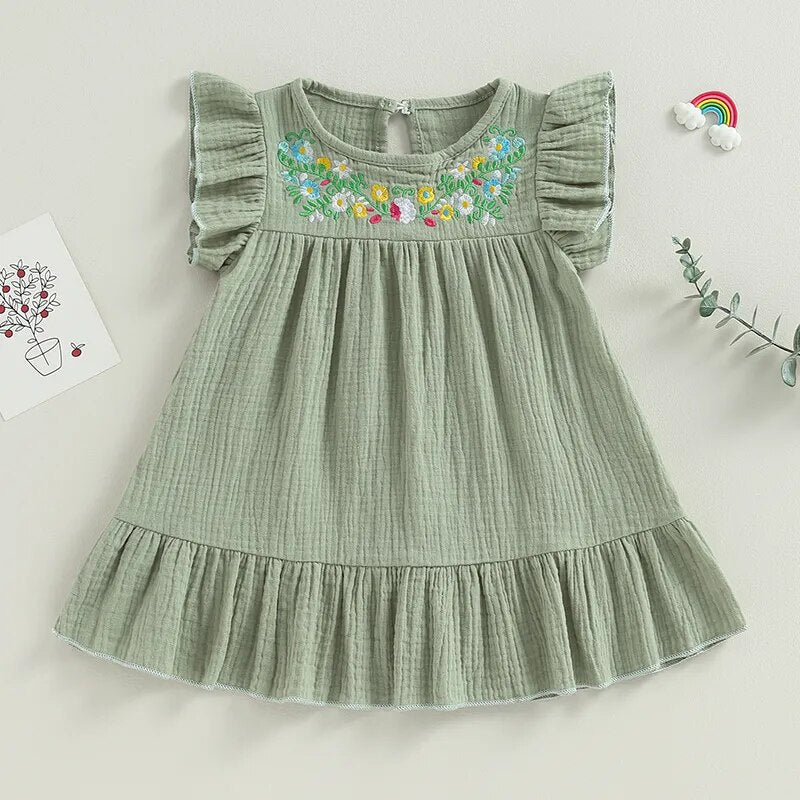 Vestido infantil de Algodão e Linho Plissado Verde - Vilumagazine