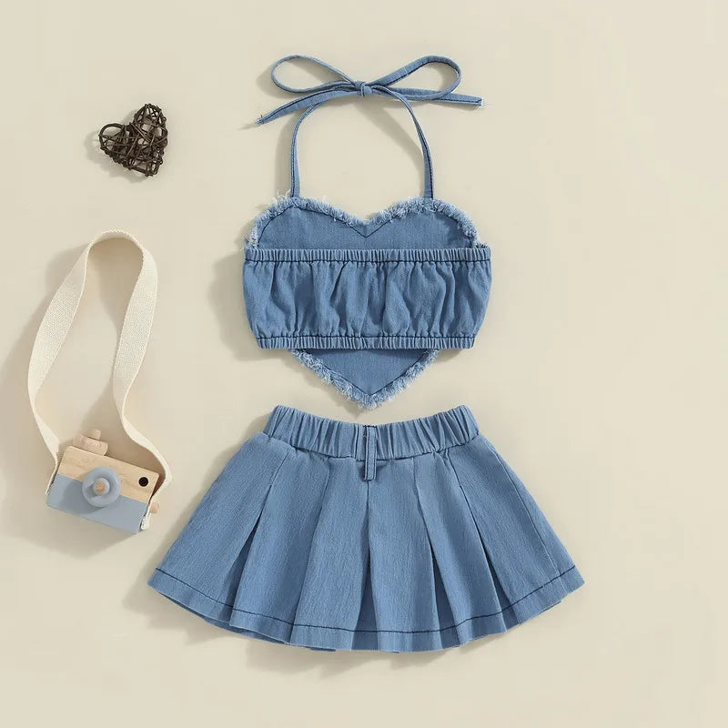 Conjunto Jeans Infantil Top Coração e Saia Plissada Azul - Vilumagazine