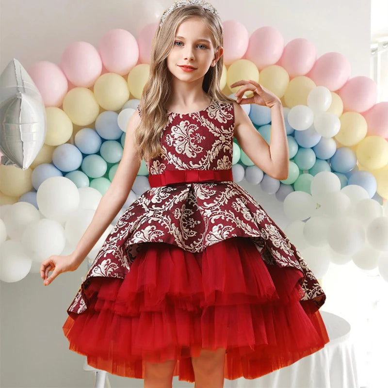 Vestido Infantil Para Festa com Flores e Tule Vermelho Escuro - Vilumagazine