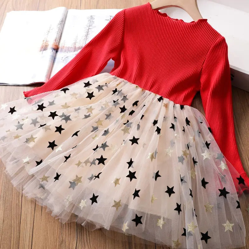 Vestido Infantil Outono Inverno Manga Longa Tutu Vermelho - Vilumagazine