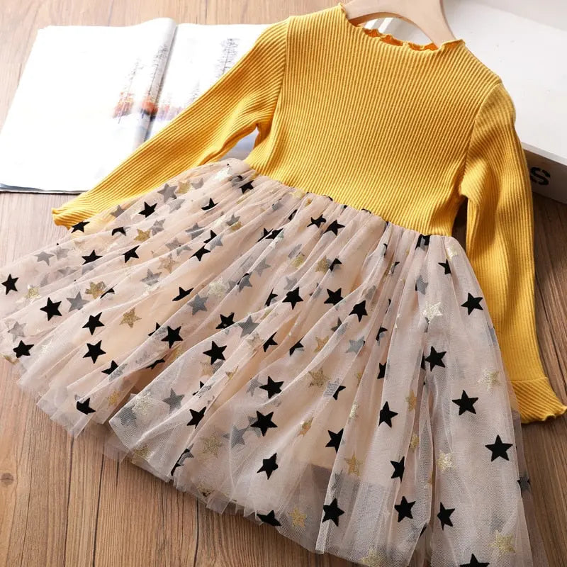 Vestido Infantil Outono Inverno Manga Longa Tutu Amarelo - Vilumagazine