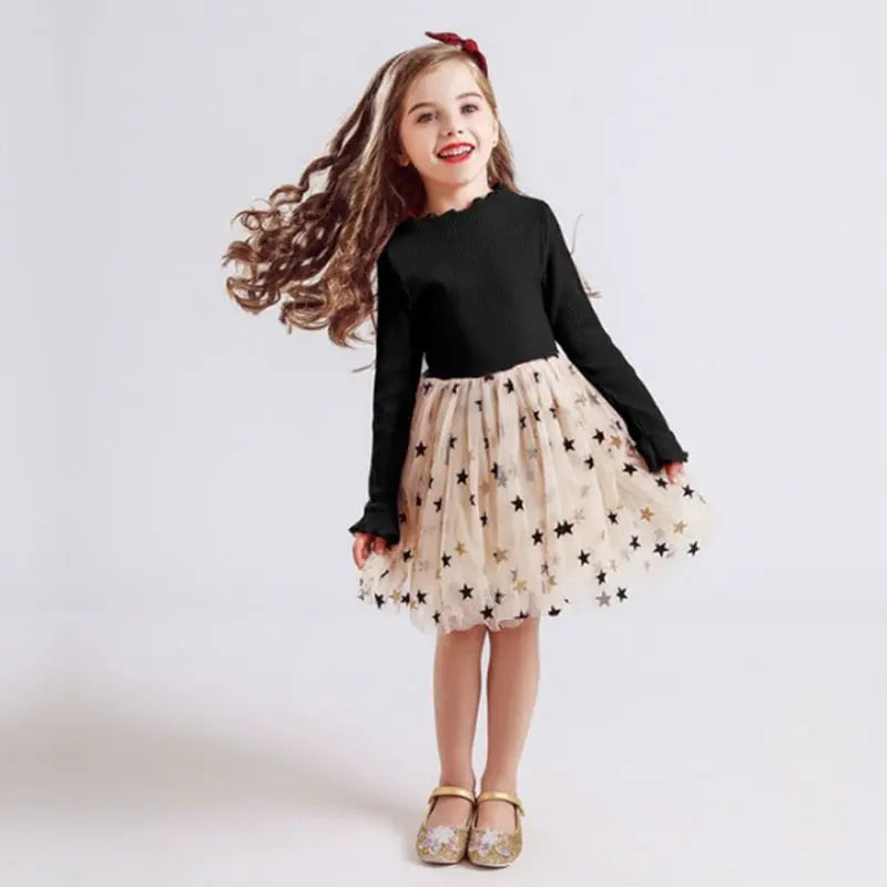 Vestido Infantil Outono Inverno Manga Longa Tutu Preto - Vilumagazine