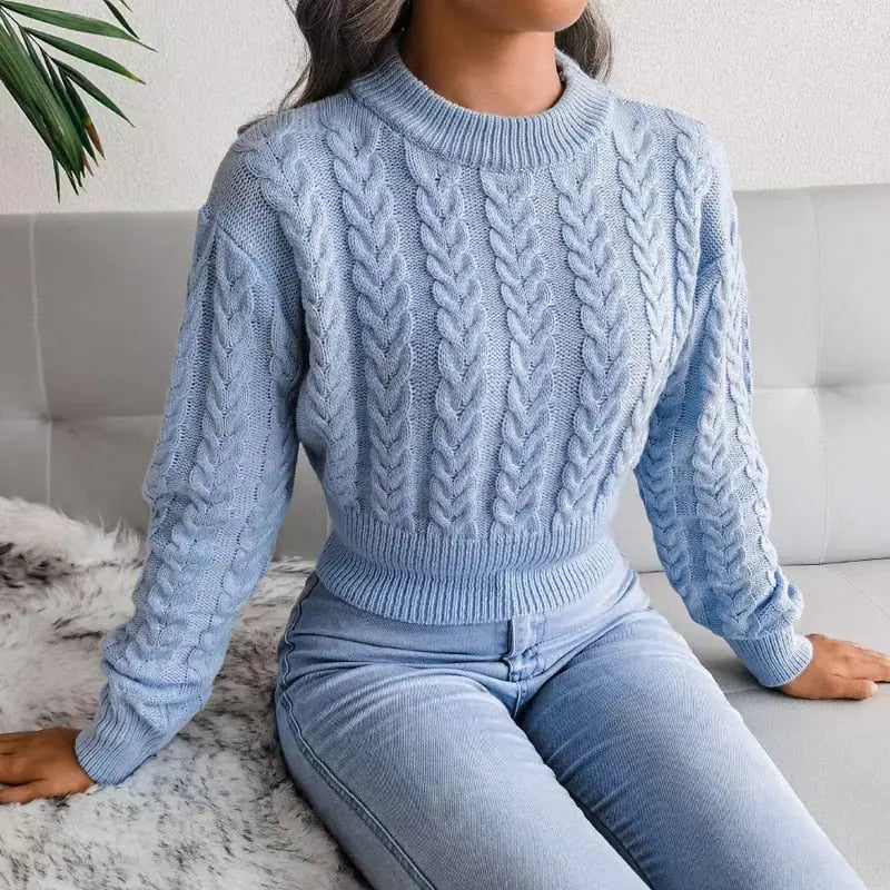 Blusa de Malha Manga Longa Feminina Casual Azul-Vilumagazine